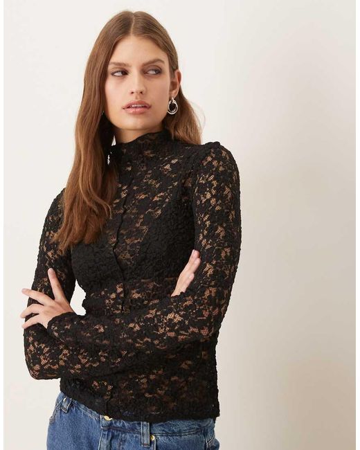 Mango Black High Neck Lace Top