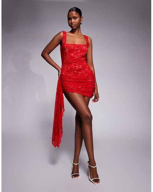 The Dolls House Red Cindy Lace Square Neck Mini Dress With Drape Detail