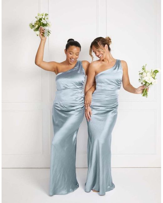Six Stories Blue Bridesmaid Satin One Shoulder Bias Maxi Dress