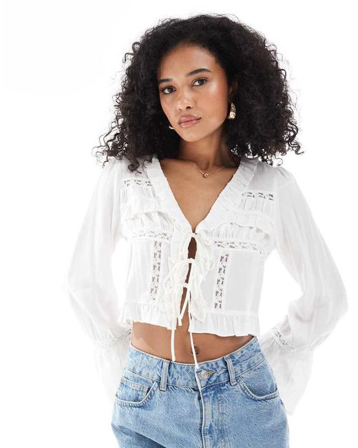 New Look White Tie Cropped Blouse