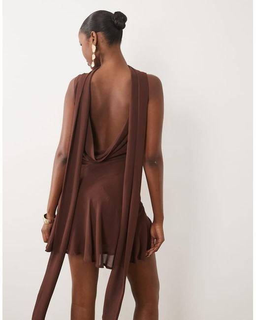 Never Fully Dressed Brown Sophie Chiffon Cowl Neck Scarf Detail Mini Dress
