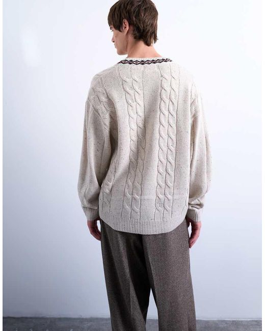 Topman White Relaxed Fit Cable Knitted V-neck Jumper With Fairisle Trim for men