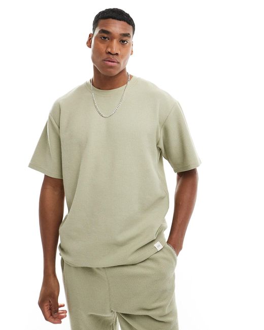 Pull&Bear Green Textured Co-ord T-shirt for men