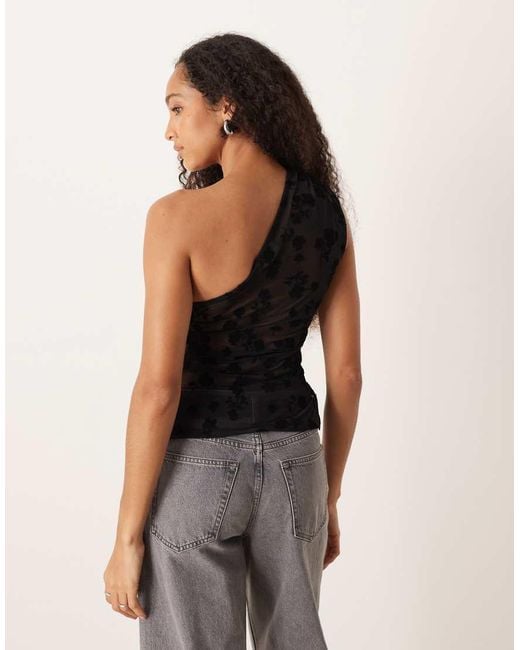 ASOS Black Flocked Asymmetric Flocked Floral Mesh Top