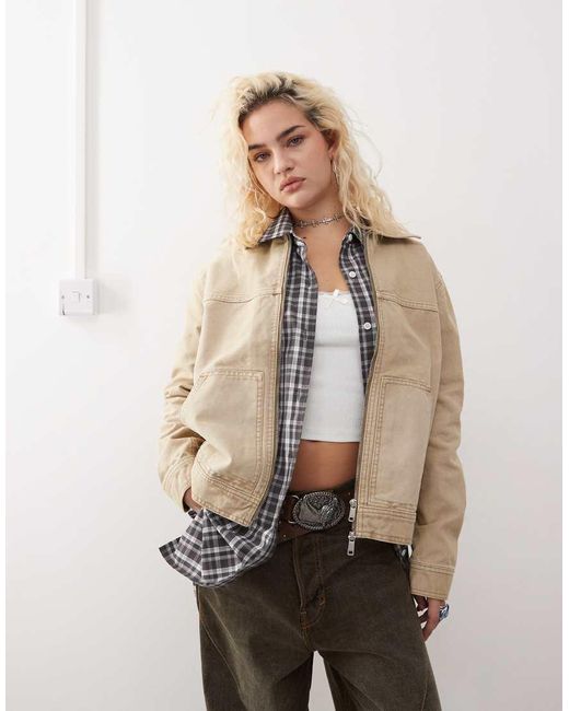 Monki Natural Barn Jacket With Collar And Front Patch Pockets