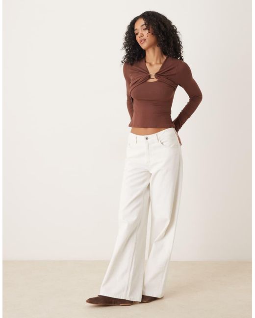 ASOS White Twist Hardware Detail Long Sleeve Rib Top