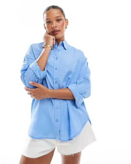 Stradivarius Blue Linen Look Long Sleeve Shirt