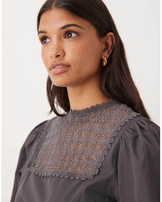 ASOS Gray Smock Mini Dress With Lace Inserts And Volume Sleeve