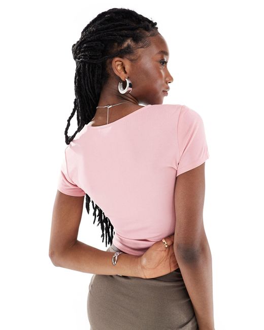 Monki Pink Super Soft Cropped Short Sleeve Top With Wrap Front Detail