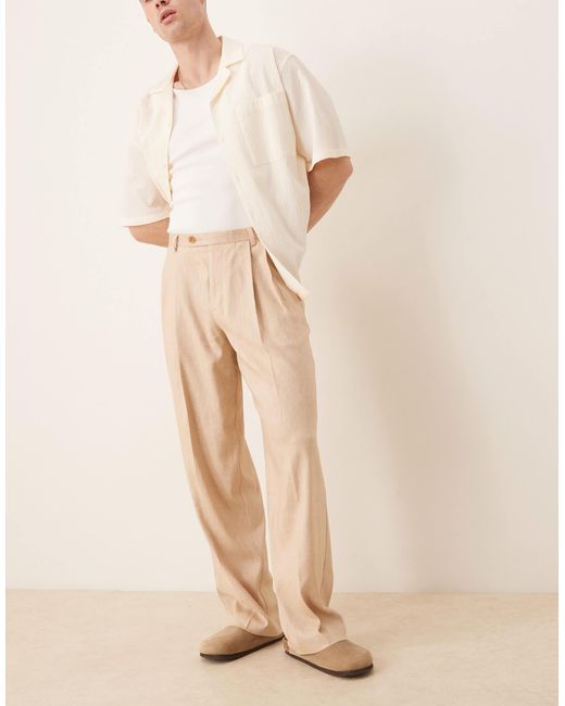 Pantalon large habillé avec doubles pinces sur le devant en tissu microtexturé - beige ASOS pour homme en coloris Natural
