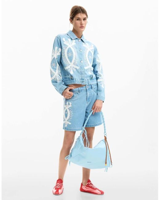 Desigual Blue Embroidered Denim Bermuda Short