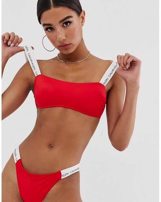 Calvin Klein Bandeau Logo Strap Bikini Top In Red | Lyst Australia