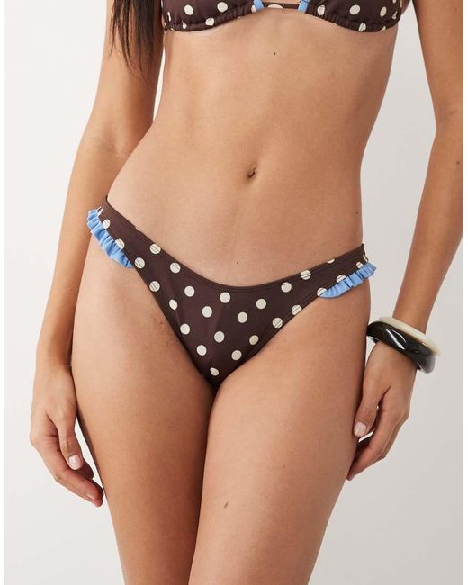 ASOS Natural Bonnie Polka Dot High Leg Bikini Bottom With Ruffle Trim