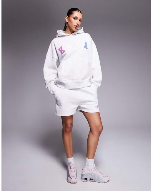 Sudadera Gris Jaspeado Extragrande Con Capucha Y Logo Bordado Estilo Arcoíris De (Parte De Un Conjunto) Kaiia de color White