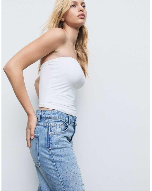 Stradivarius Blue Straight Fit Jeans With Rhinestones