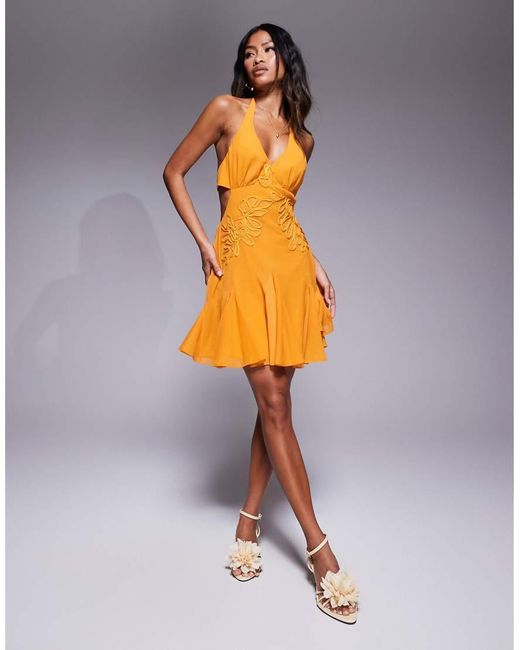 ASOS Orange Embroidered Halter Mini Dress With Godets