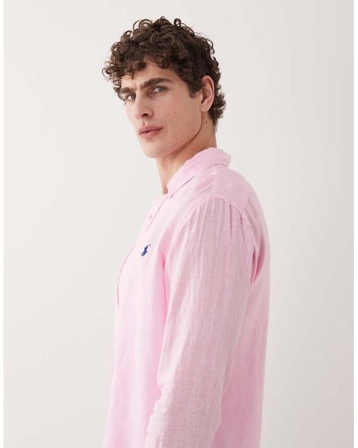 Polo Ralph Lauren Pink Icon Logo Long Sleeve Linen Shirt for men