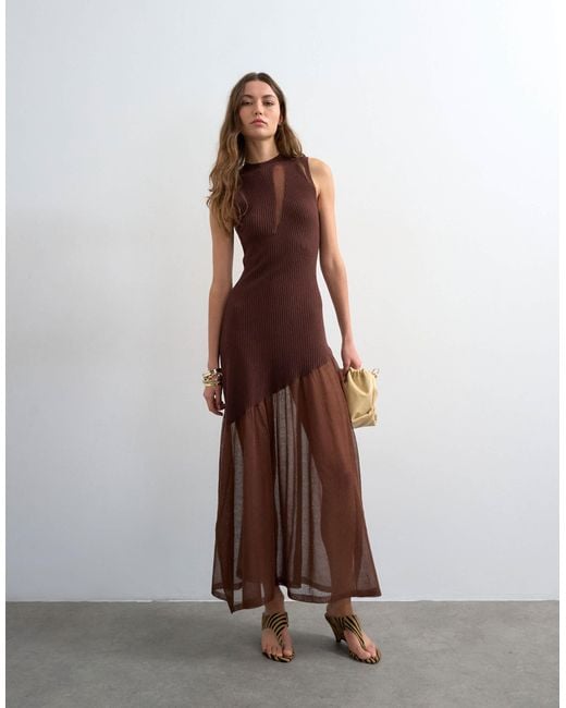 TOPSHOP Women's Brown Knit Sheer Mix Dress - amaravathisociety.com
