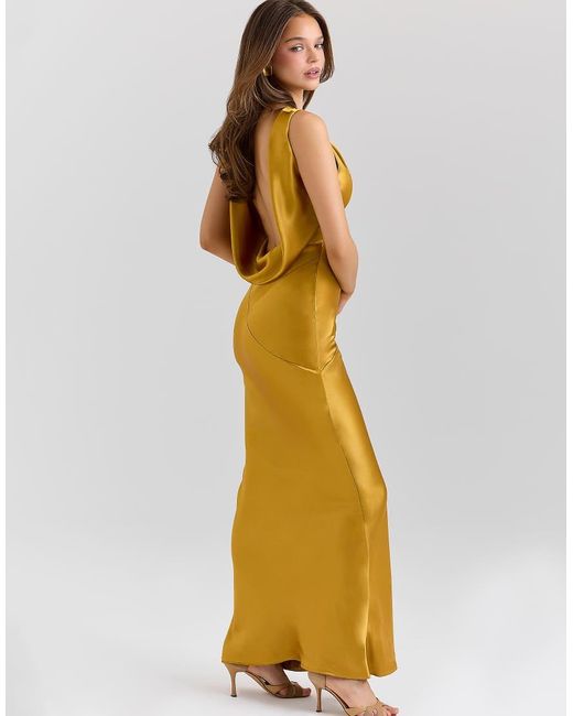House Of Cb Metallic Safaira Amber Satin Draped Cowl Neck Maxi Dress