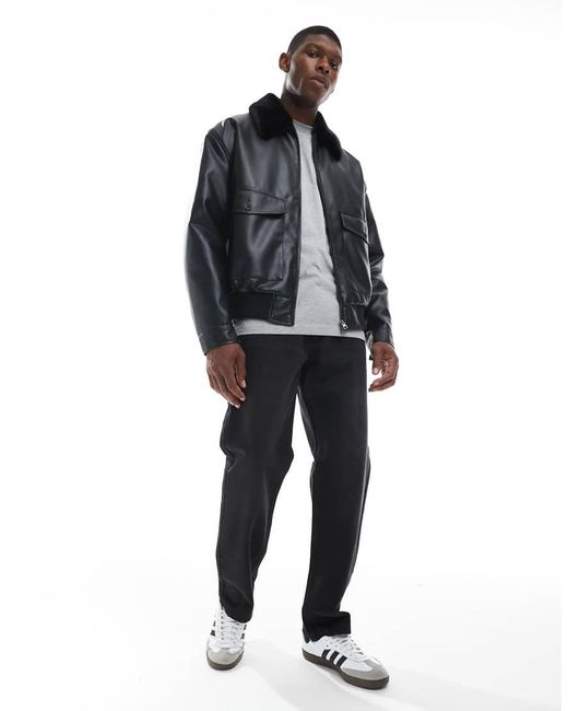 Chaqueta Bomber Negra De Cuero Sintético Con Solapas De Piel Sintética De ASOS de hombre de color Black