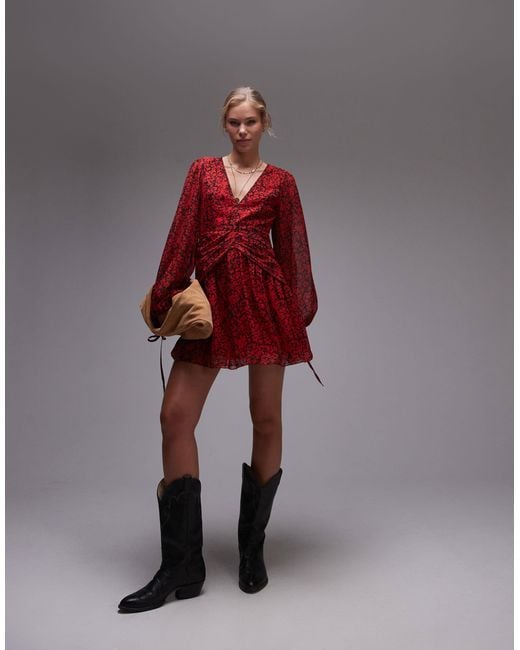 TOPSHOP Red Ruch Waist V Neck Mini Tea Dress