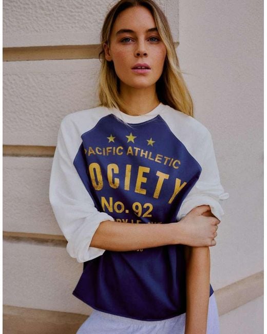 Bershka Blue Long-Sleeve Contrast Print Raglan T-Shirt