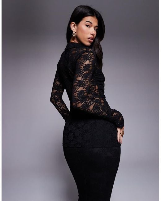 Wanderdoll Black Lacie Plunge Neck Long Sleeve Lace Shirt Co-Ord