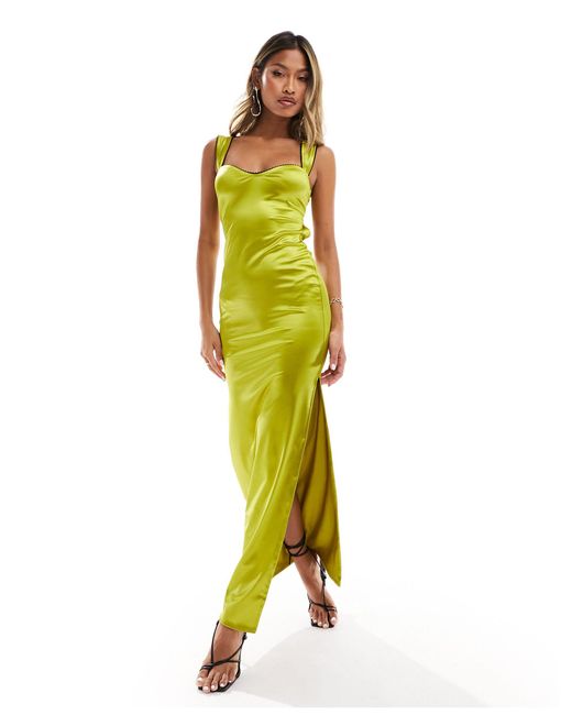 ASOS Green Strappy Sweet Heart Neckline Midi Dress With Contrast Trim
