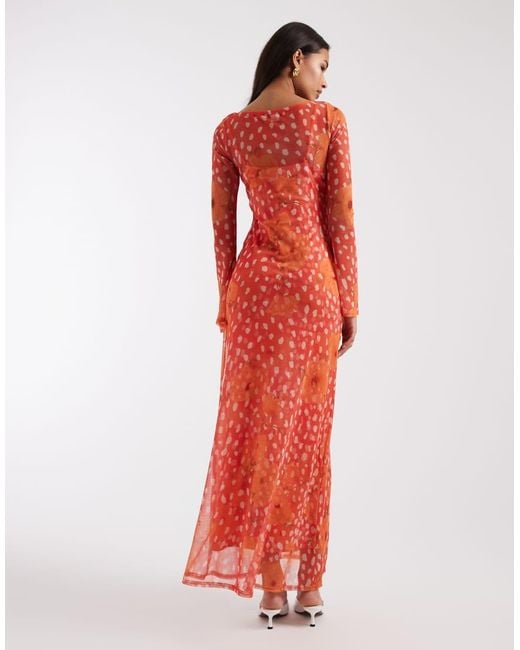 Never Fully Dressed Red Aria Long Sleeved Mesh Maxi Dress