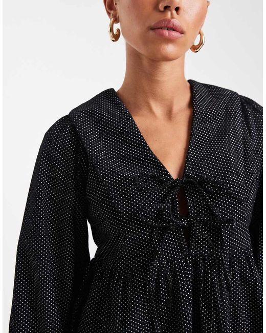 Wednesday's Girl Black Collar Detail Dot Cord Mini Smock Dress