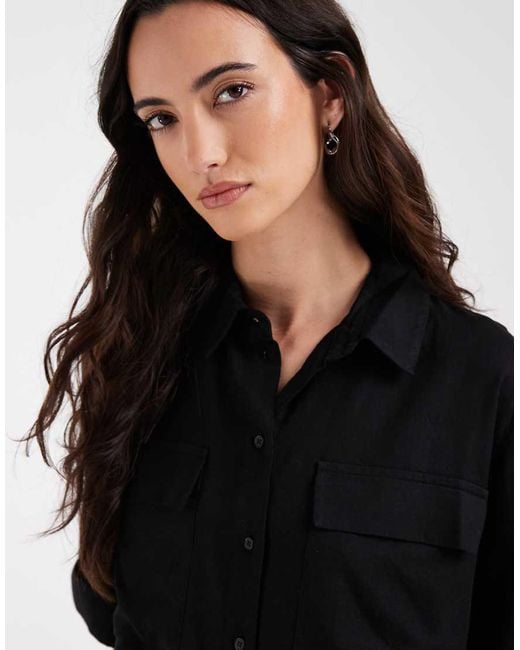 Aware Black Linen Blend Sleeve Detail Safari Shirt Co-ord