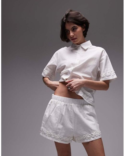SNDY'S White Linen Blend Flower Applique Detail Shorts Co-ord