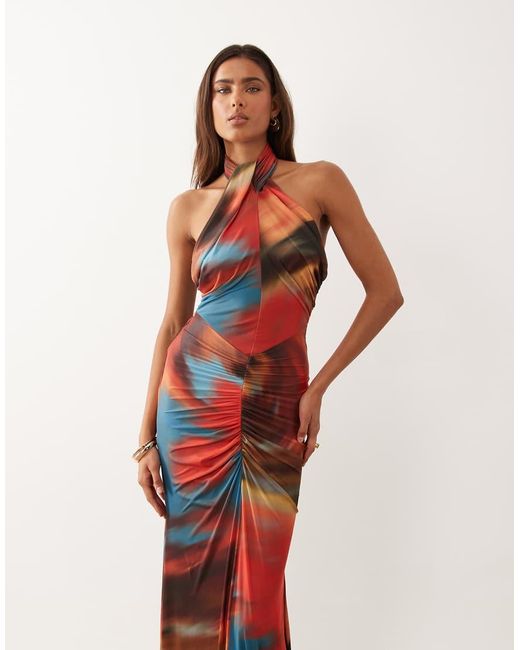 ASOS Red Mesh Halter Neck Maxi Dress With Ruched Skirt