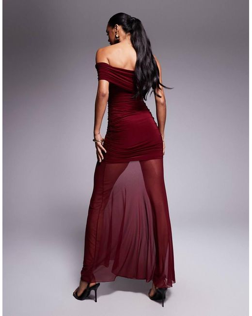 Kaiia Red Exclusive Double Laye Slinky Asymmetric One Shoulder Sheer Hem Maxi Dress