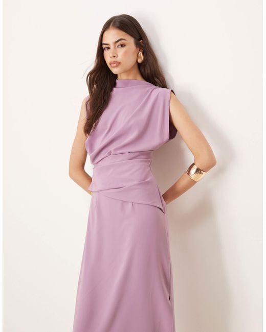 ASOS Pink Asos Design Tall High Neck Drapey Pleated Midi Dress