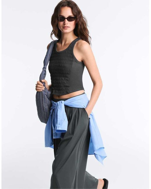 Oysho Black Seamless Sleeveless Smocked T-Shirt