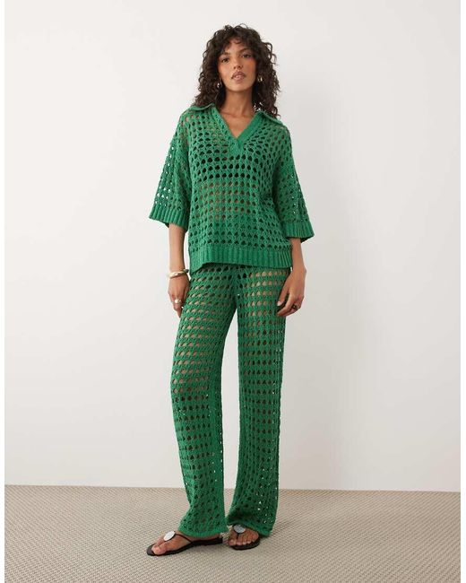ASOS Green Beach Crochet Collared Short Sleeve Top