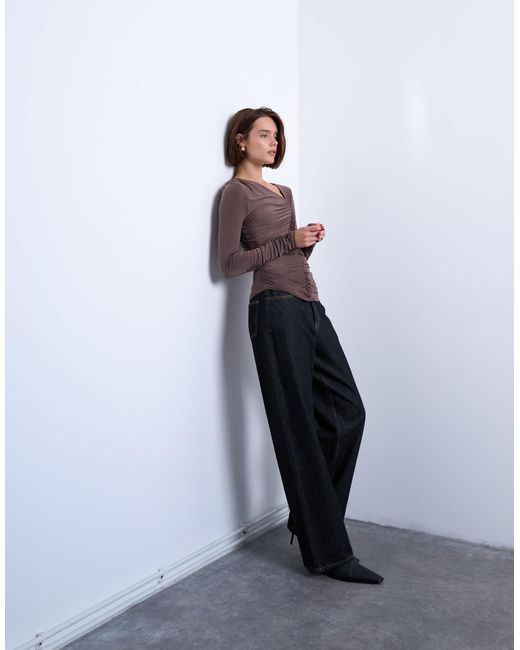 TOPSHOP Purple Asymmetric Ruched Long Sleeve Top