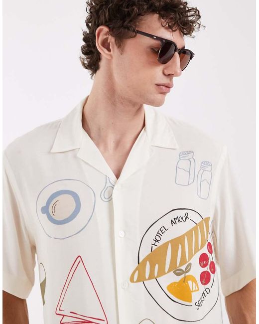 SELECTED Natural X Hotel Amour Short Sleeve Shirt With Dinner Print for men