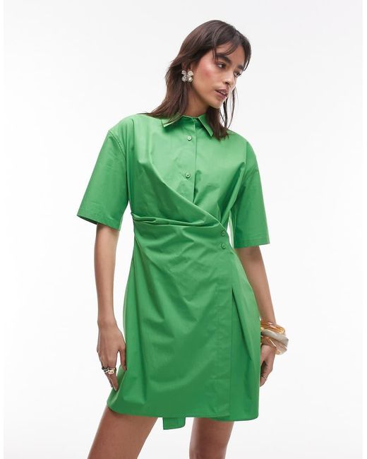 ARKET Green Cotton Rich Mini Shirt Dress With Button Wrap Front