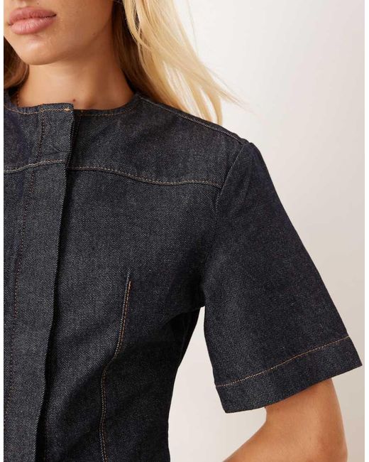 ASOS Blue Denim Collarless Short Sleeve Top