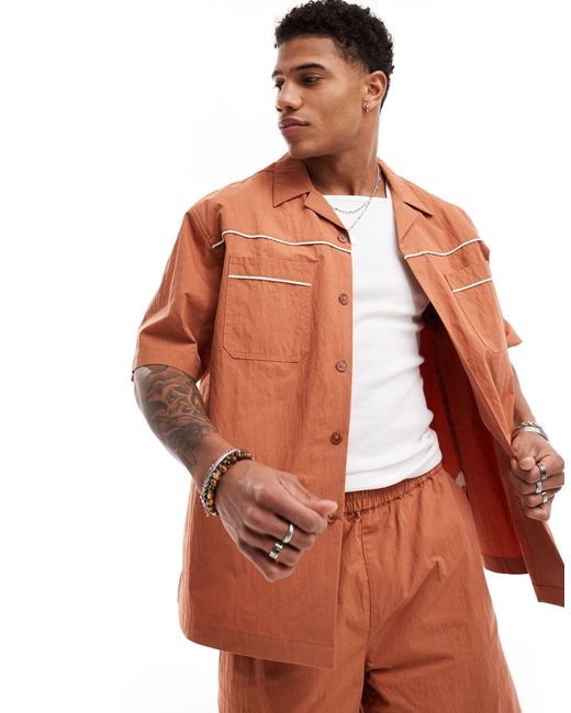 ASOS Brown Co-ord Short Sleeve Boxy Oversized Shirt With Piping for men