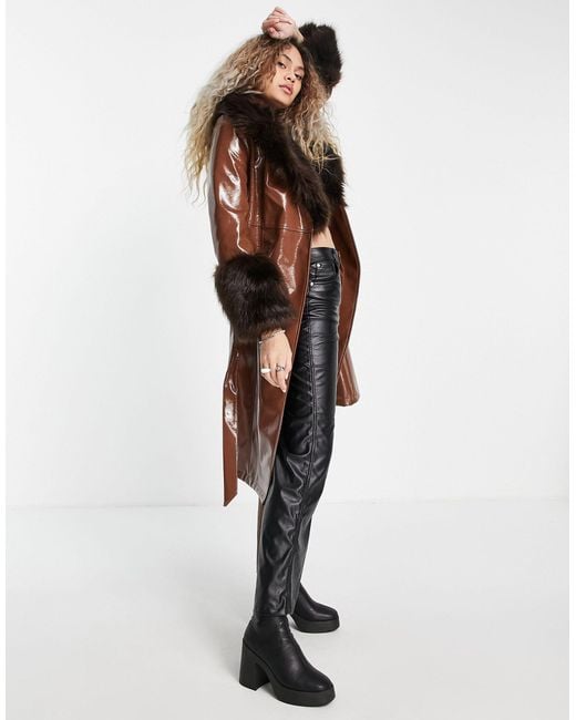 Manteau long en vinyle - chocolat TOPSHOP en coloris Marron | Lyst