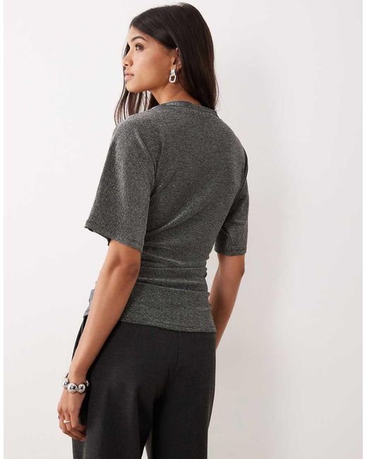 Aware Black Short Sleeve Ruched Detail Glitter Top