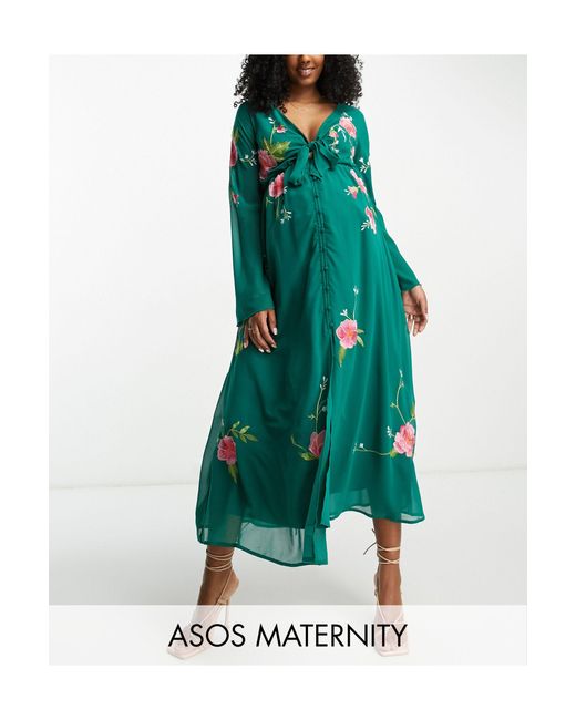 maternity tie belt button front midi dress