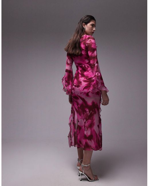 TOPSHOP Multicolor V Neck Ruffle Midi Dress With Split