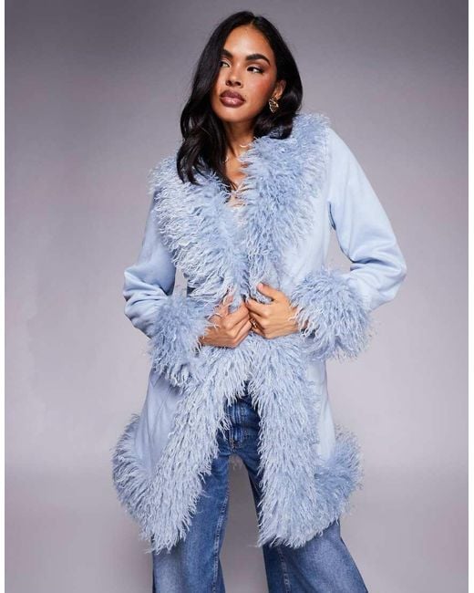 Princess Polly Blue Josefina Suedette Faux Mongolian Faux-fur Trim Longline Coat