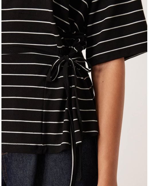 ASOS Black Stripe Short Sleeve Cinched Tie Side Detail T Shirt