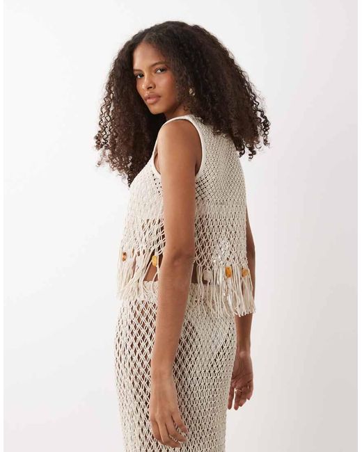 ASOS Brown Premium Hand Crochet Fringed Beaded Top