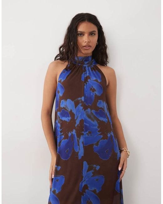 New Look Blue Floral Mesh Halter Neck Midaxi Dress